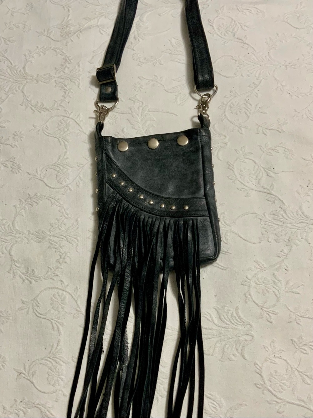Leather Biker Crossbody Bag with Silver Studs and Fringe, Hip Bag - Picture 2 of 8